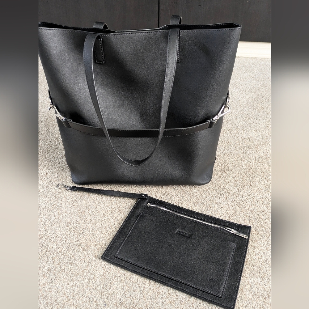 Away Longitude Black Leather Tote Bag New